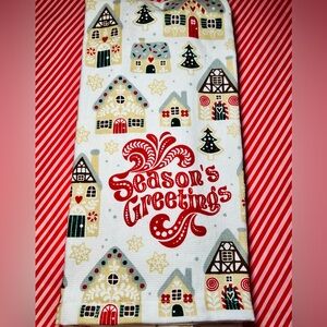 2 Christmas Gingerbread Village Houses Kitchen Towels Trees Season’s Greetings